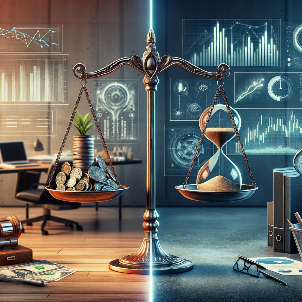Split-screen photo contrasting a vintage office with an old-fashioned balance scale representing myths, and a modern financial desk with technology symbolizing the reality of portfolio rebalancing.