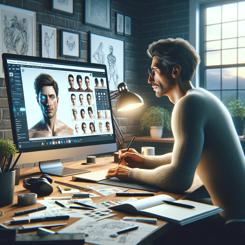 A Caucasian adult meticulously crafts a detailed digital avatar on a computer in a modern home office.