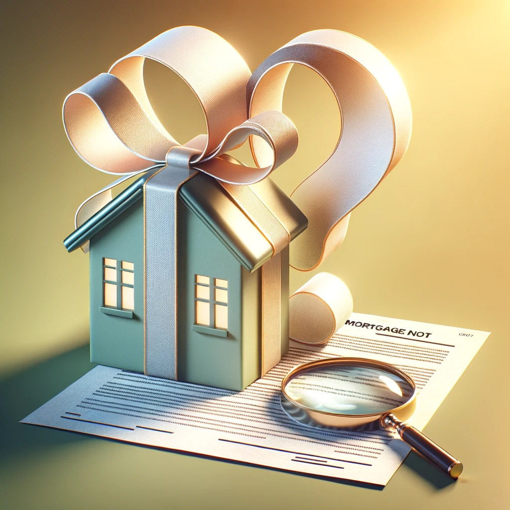  A house wrapped with a ribbon in the shape of a question mark, with a magnifying glass focusing on a mortgage note.
