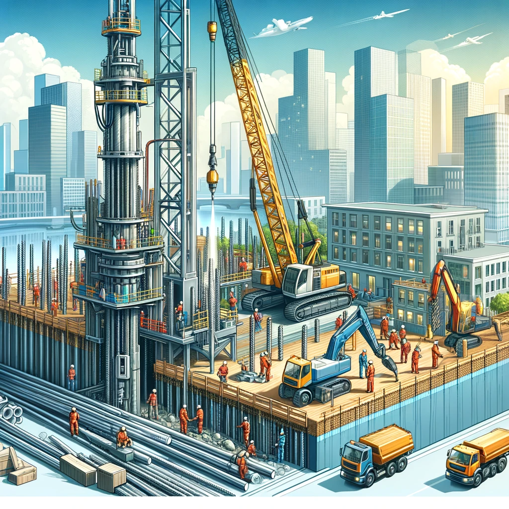 Image of a construction site with caisson drilling machinery, workers in protective gear, and a cityscape background, highlighting modern construction techniques.